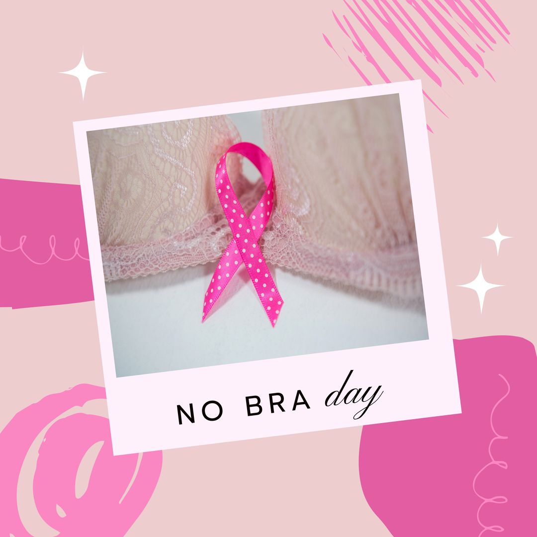Image of no bra day over pink background and photo with pink ribbon - Download Free Stock Templates Pikwizard.com