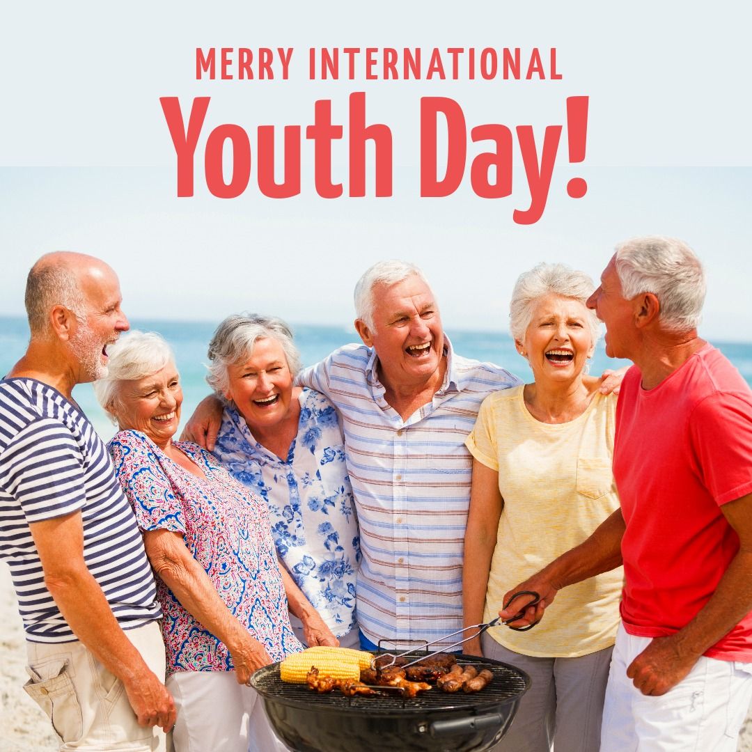 Image of merry international youth day and happy caucasian senior friends grilling on beach - Download Free Stock Templates Pikwizard.com