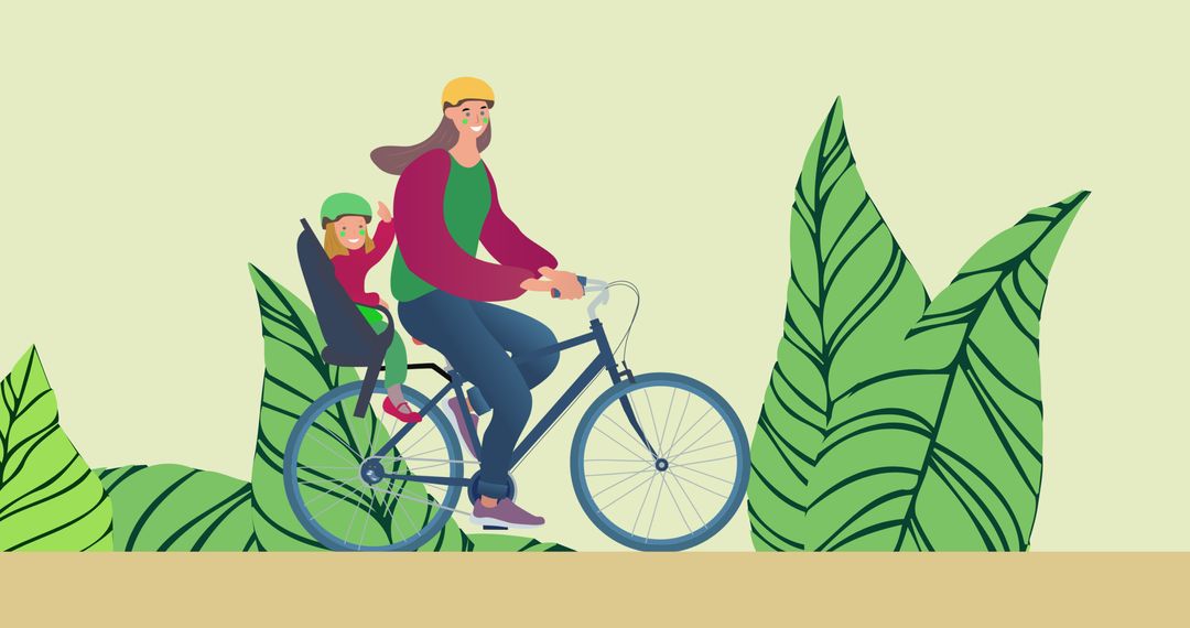 Illustration of mother with child riding bicycle by vector plants against gray background - Free Images, Stock Photos and Pictures on Pikwizard.com