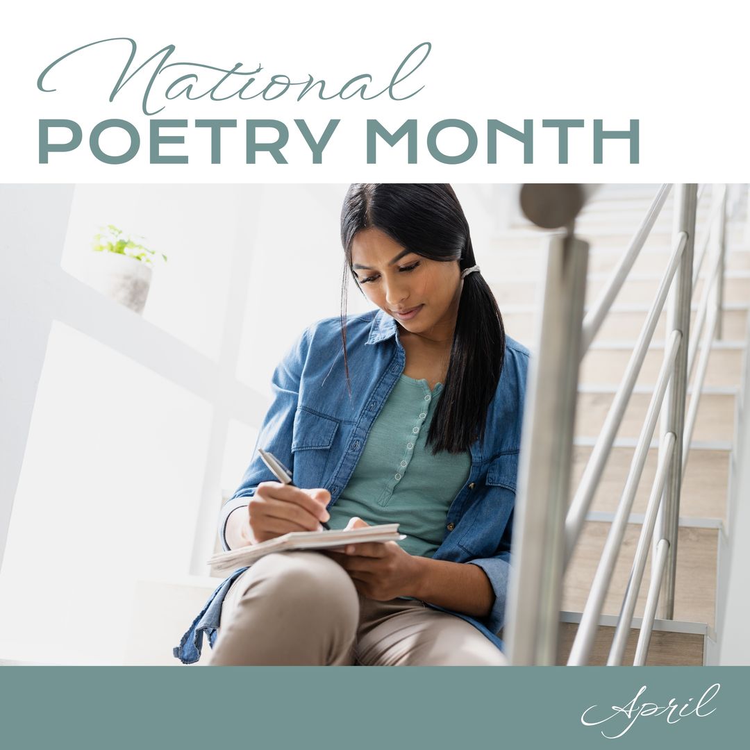 Composition of national poetry month text over biracial woman writing - Download Free Stock Templates Pikwizard.com