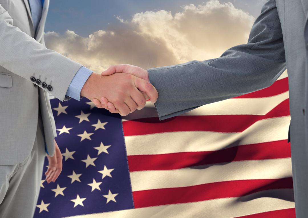 Businessman shaking hands against american flag background - Free Images, Stock Photos and Pictures on Pikwizard.com