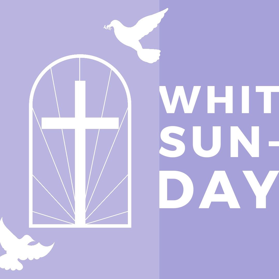 Digitally generated image of white cross with doves and whit sunday text on purple background - Download Free Stock Templates Pikwizard.com