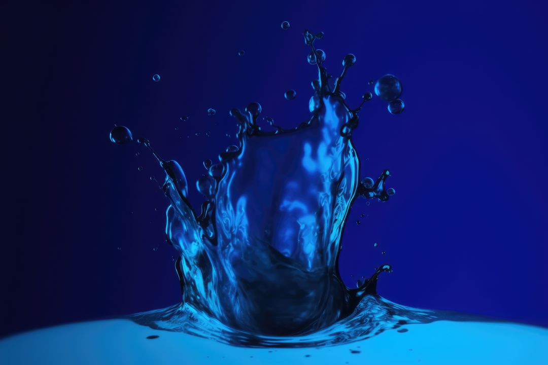 Close up of blue liquid splashing on blue background created using