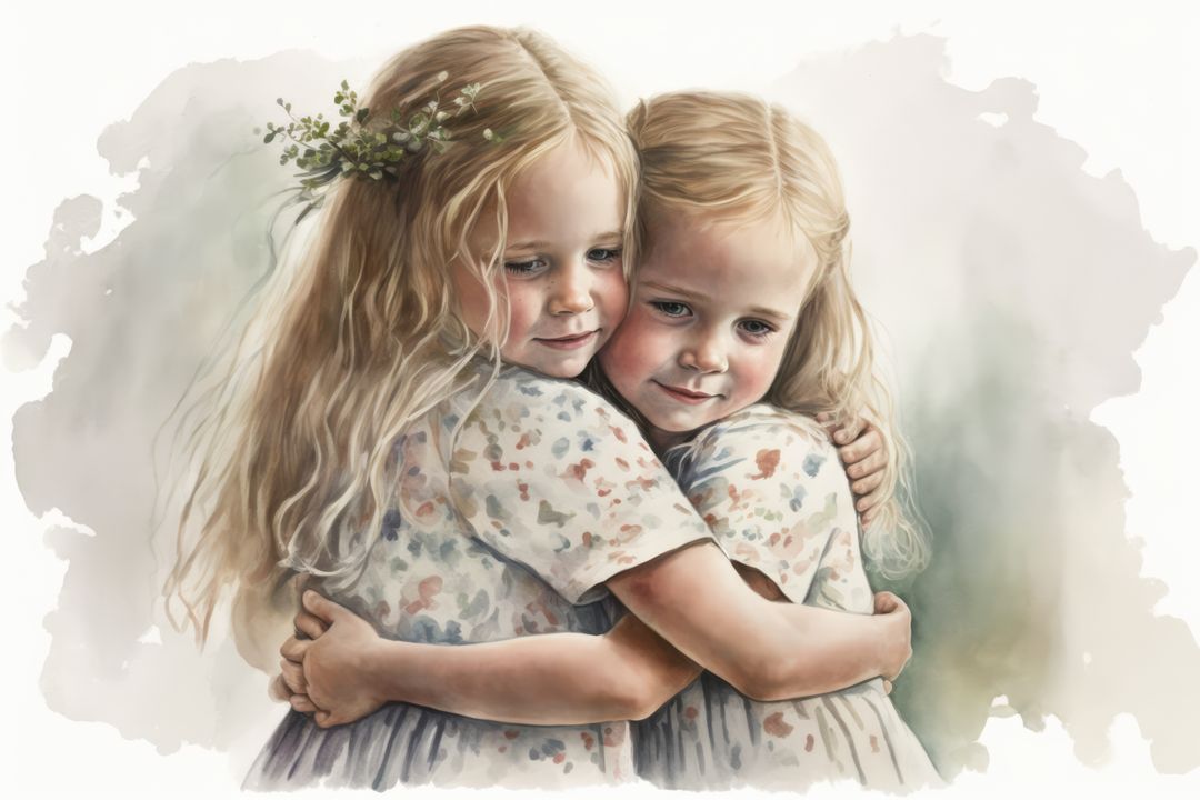 Watercolour portrait of two girls embracing, created using generative ai technology - Free Images, Stock Photos and Pictures on Pikwizard.com