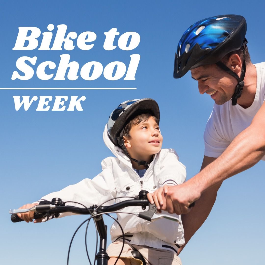 Bike to school week text banner over caucasian father teaching his son ride a bicycle - Download Free Stock Templates Pikwizard.com