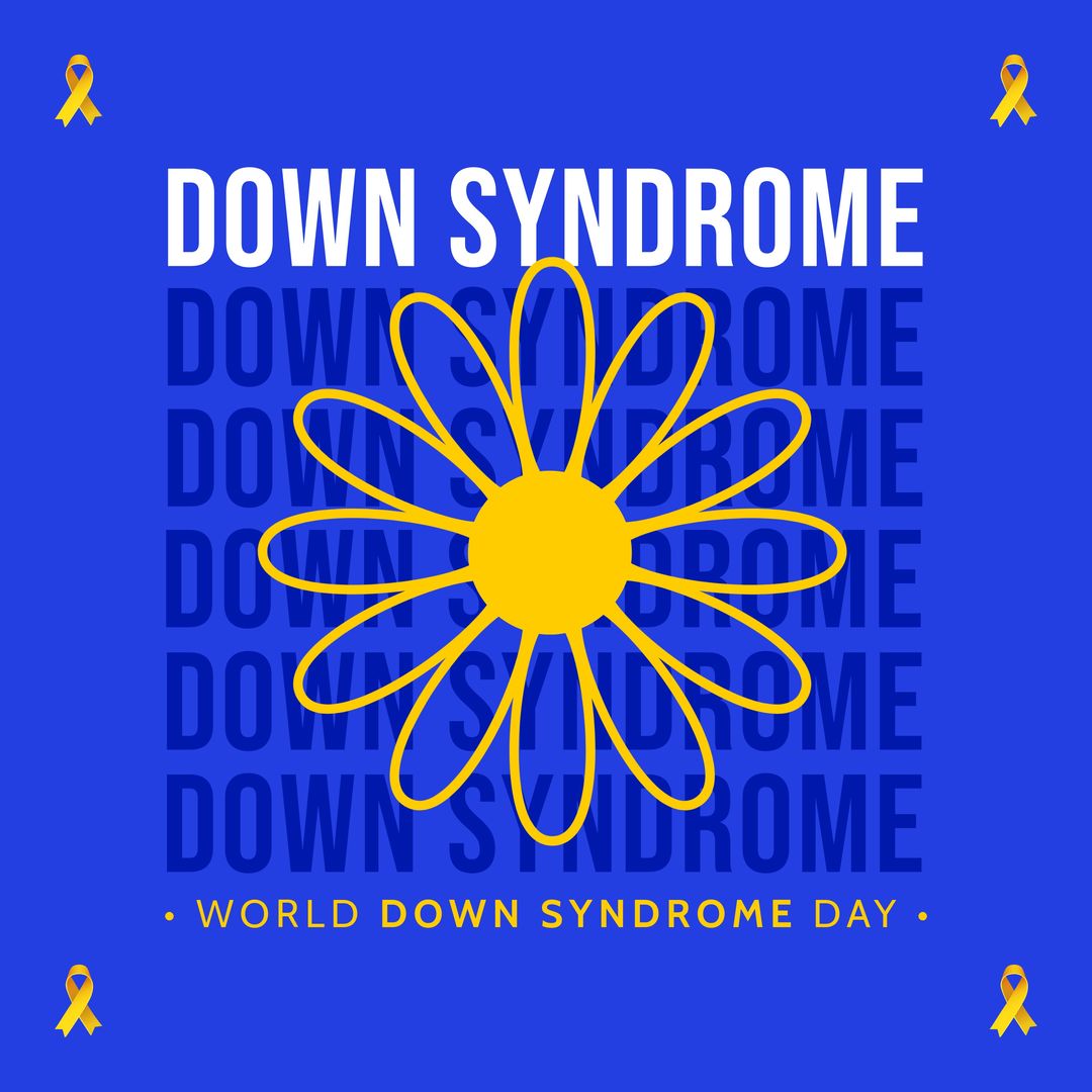 Composition of world down syndrome day text and yellow ribbons over blue  background from Pikwizard