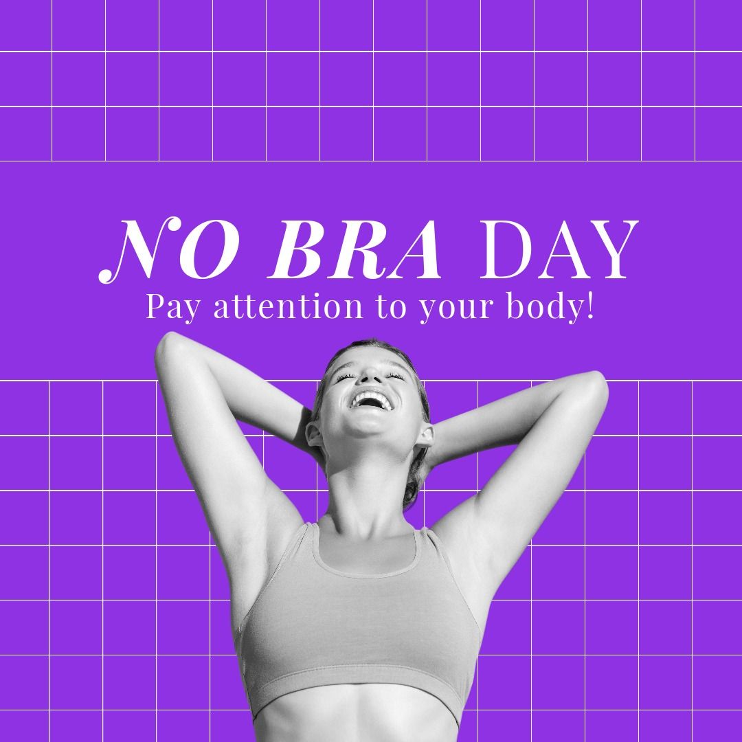 Image of no bra day and happy fit caucasian woman on violet