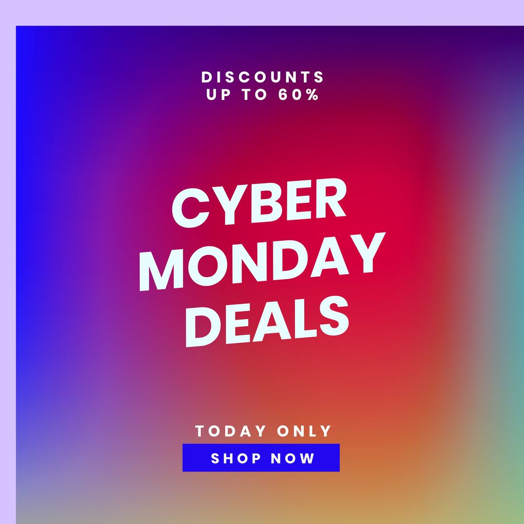 Square picture of cyber monday discounts up to 60 percent text over colorful background - Download Free Stock Templates Pikwizard.com