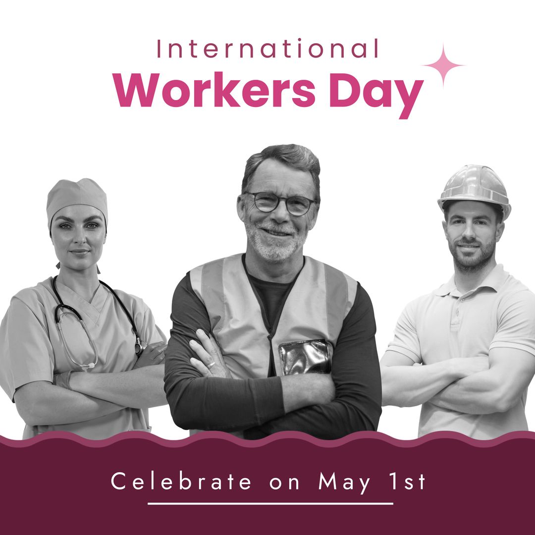 Composition of international workers day text over caucasian workers and doctor with arms crossed - Download Free Stock Templates Pikwizard.com