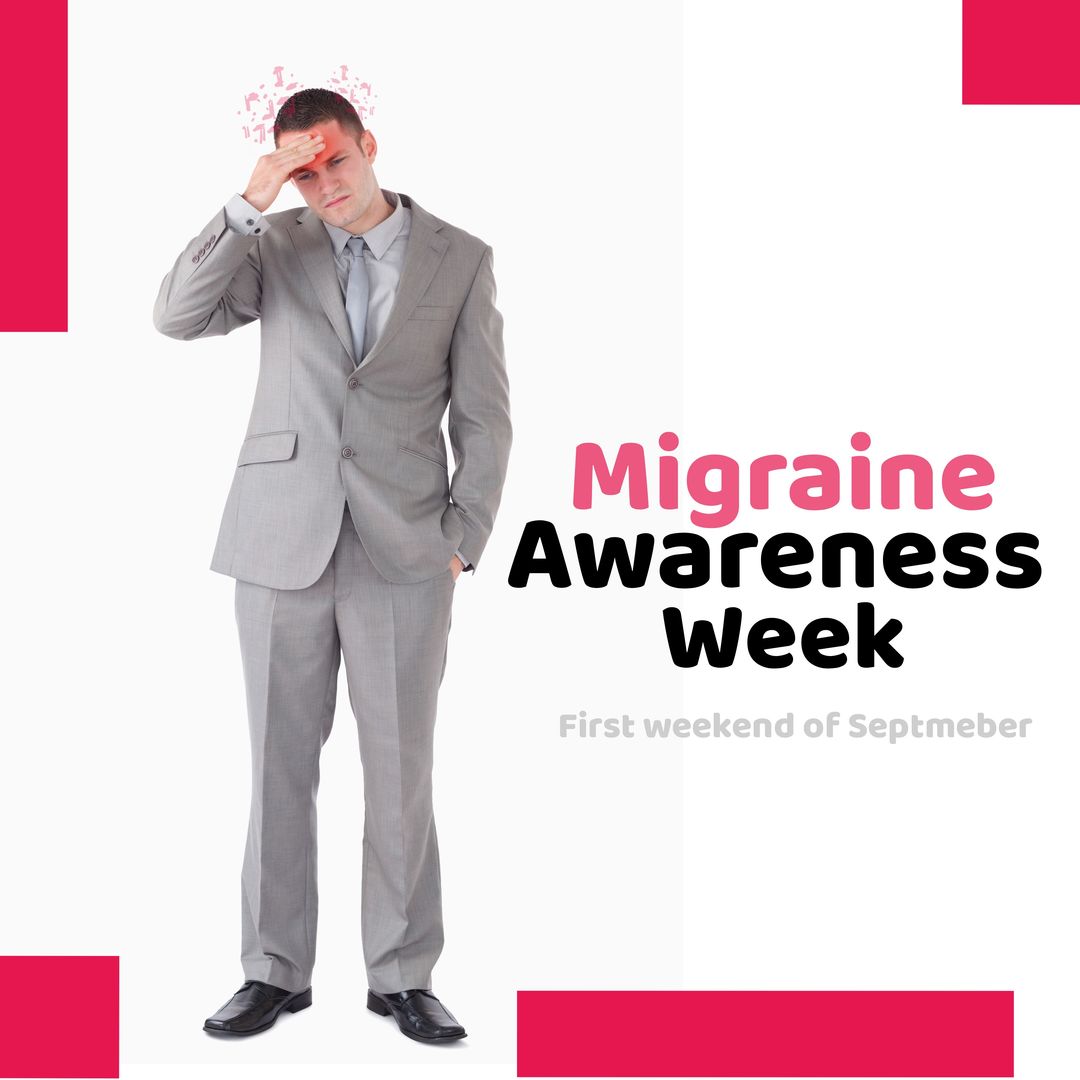 Caucasian business man holding his head and migraine awareness week text banner on white background - Download Free Stock Templates Pikwizard.com