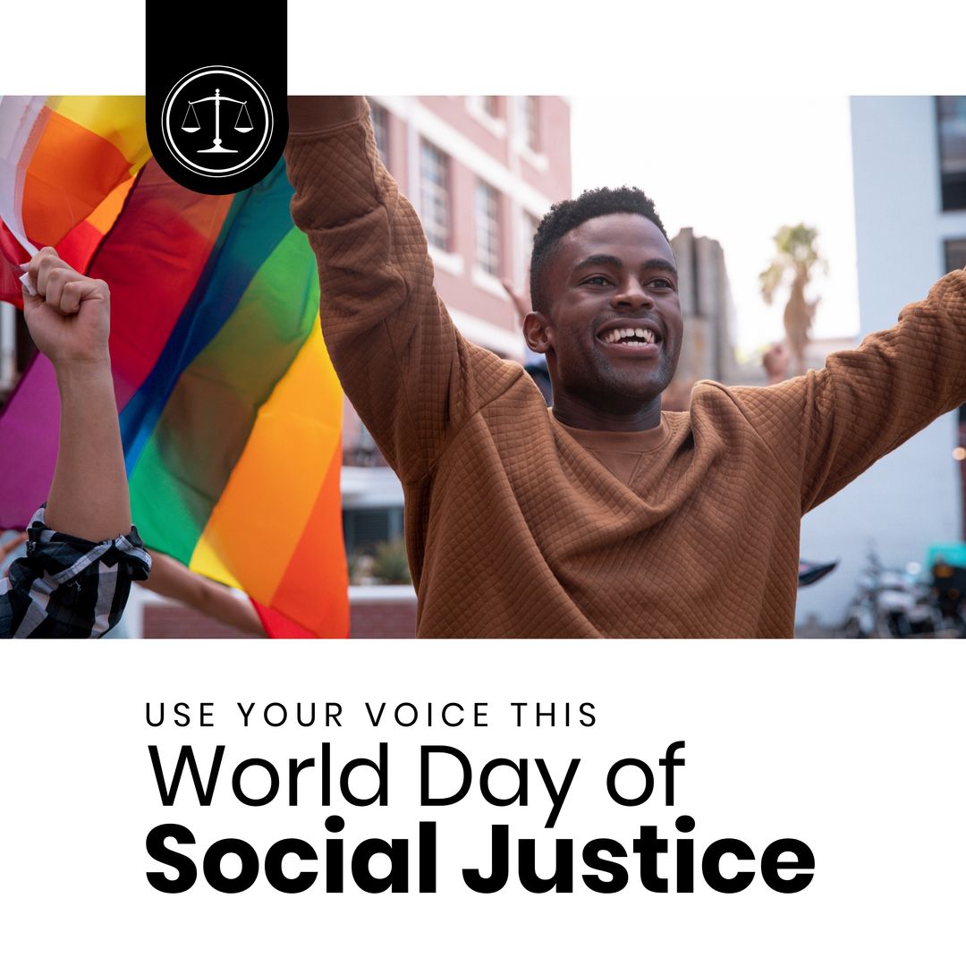 Composition of world day for social justice text over diverse people with  lgbt flag from Pikwizard