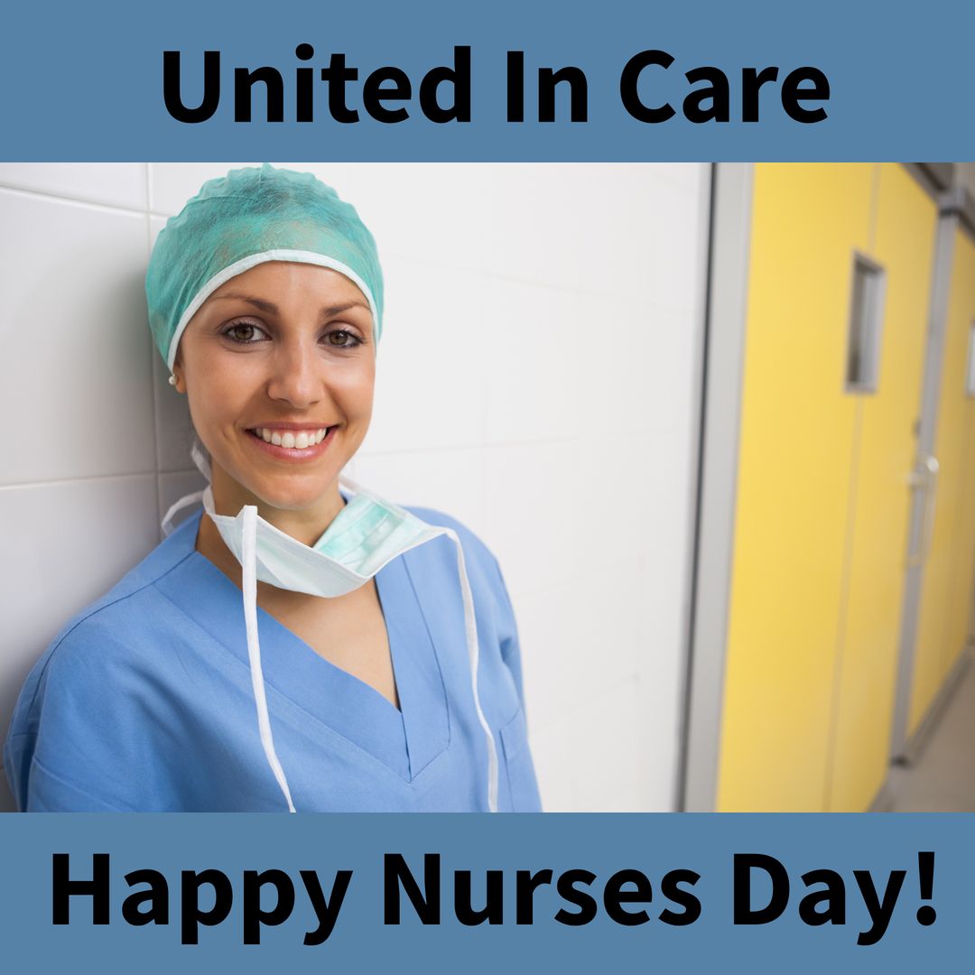 Composition of happy nurses day text over happy caucasian female nurse with face mask - Download Free Stock Templates Pikwizard.com