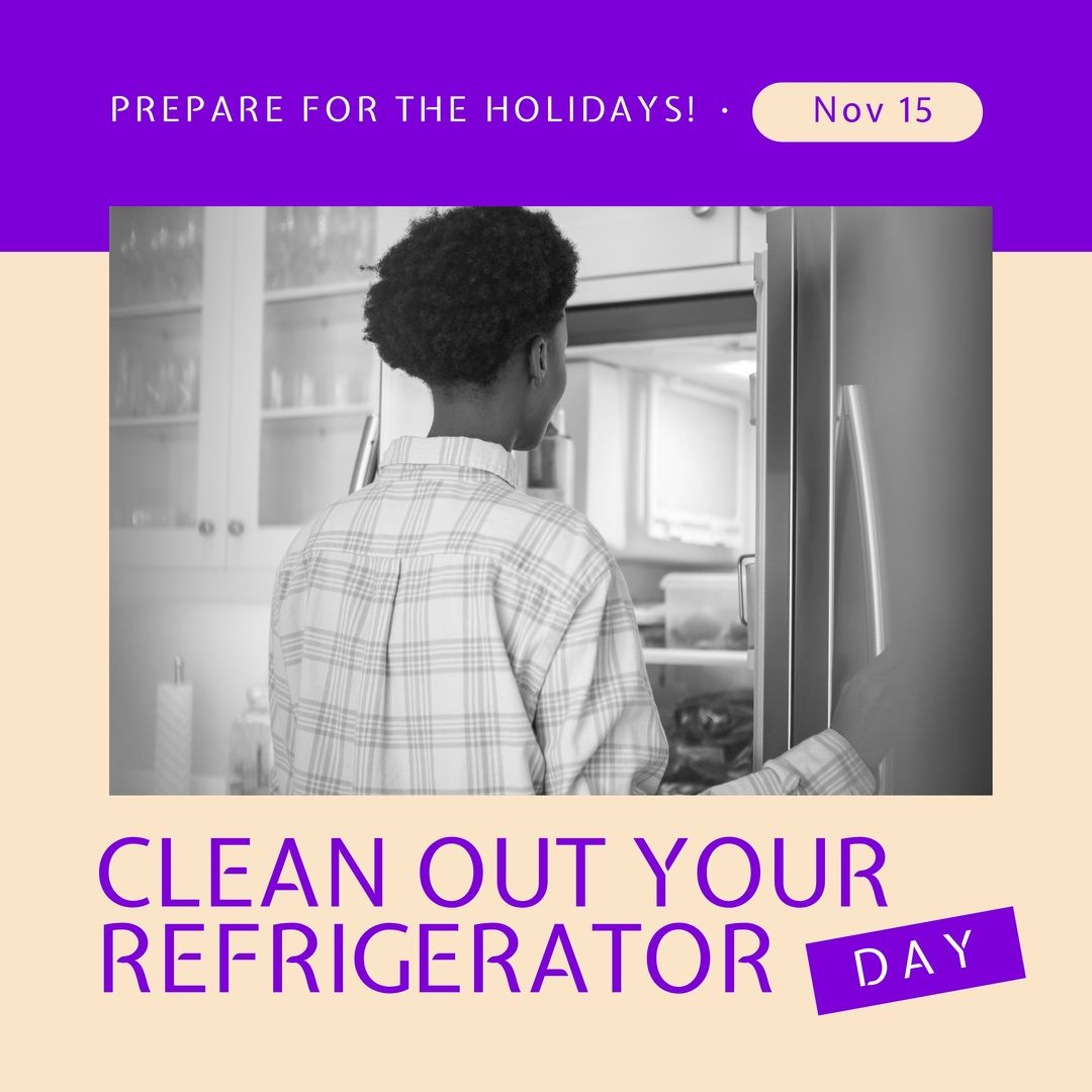 Image of clean out you refrigerator today over african american woman looking into fridge - Download Free Stock Templates Pikwizard.com