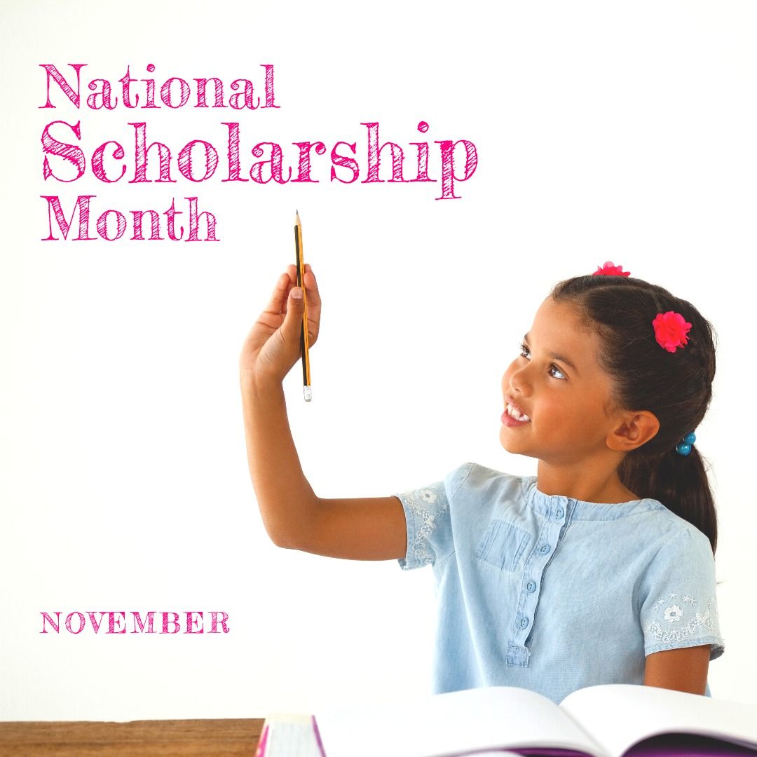 Composite of biracial girl holding pencil while studying and national scholarship month and november - Download Free Stock Templates Pikwizard.com