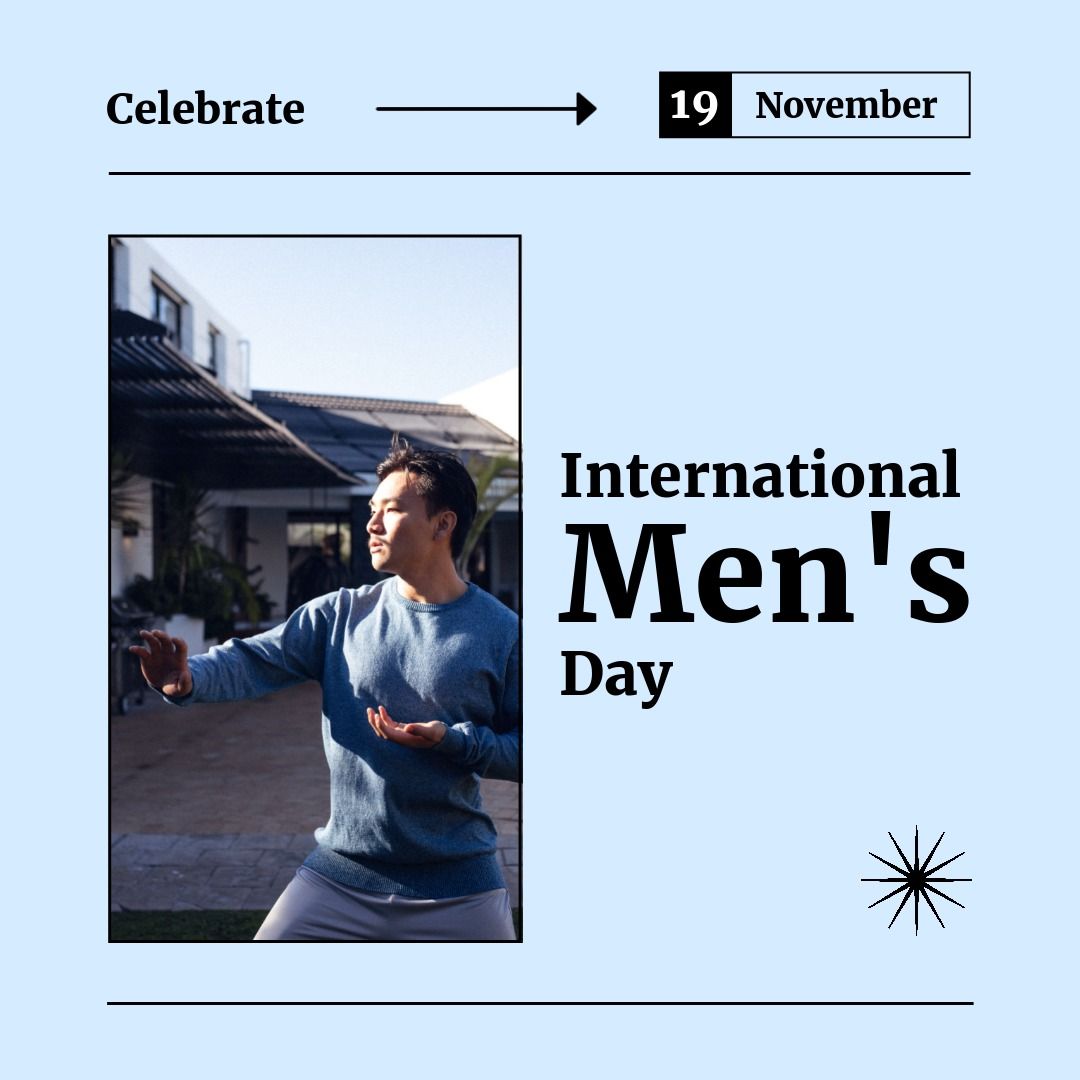 Square image of international men's day text on blue and asian man practicing tai chi outdoors - Download Free Stock Templates Pikwizard.com