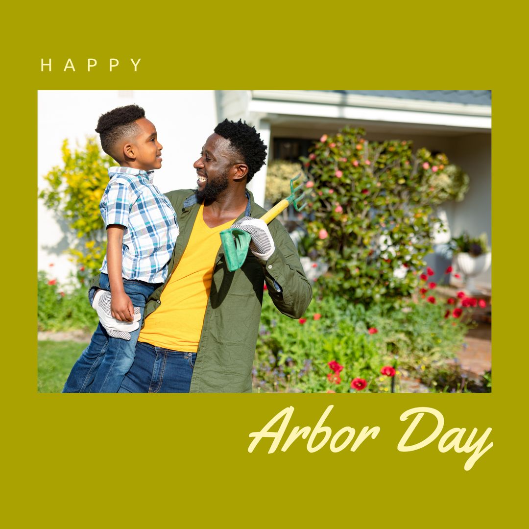 Composition of happy arbor day text over happy african american father with son gardening - Download Free Stock Templates Pikwizard.com