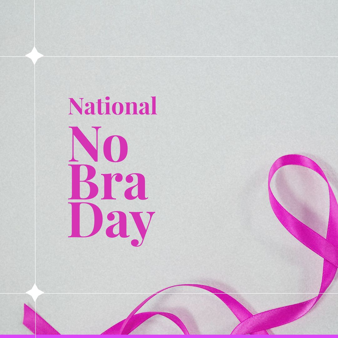 Composition of national no bra day text with pink ribbon on white