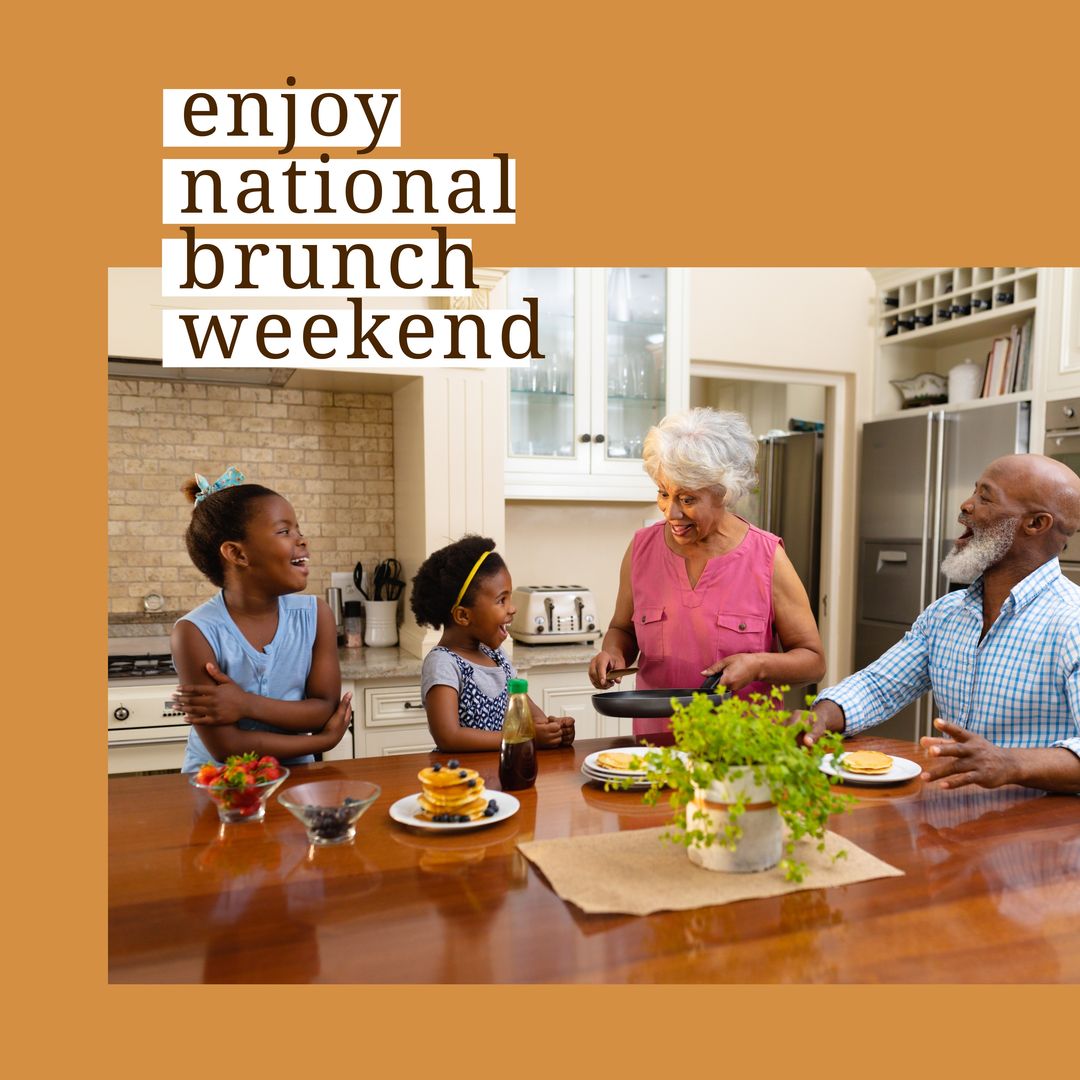 Composition of national brunch weekend text over african american family cooking - Download Free Stock Templates Pikwizard.com