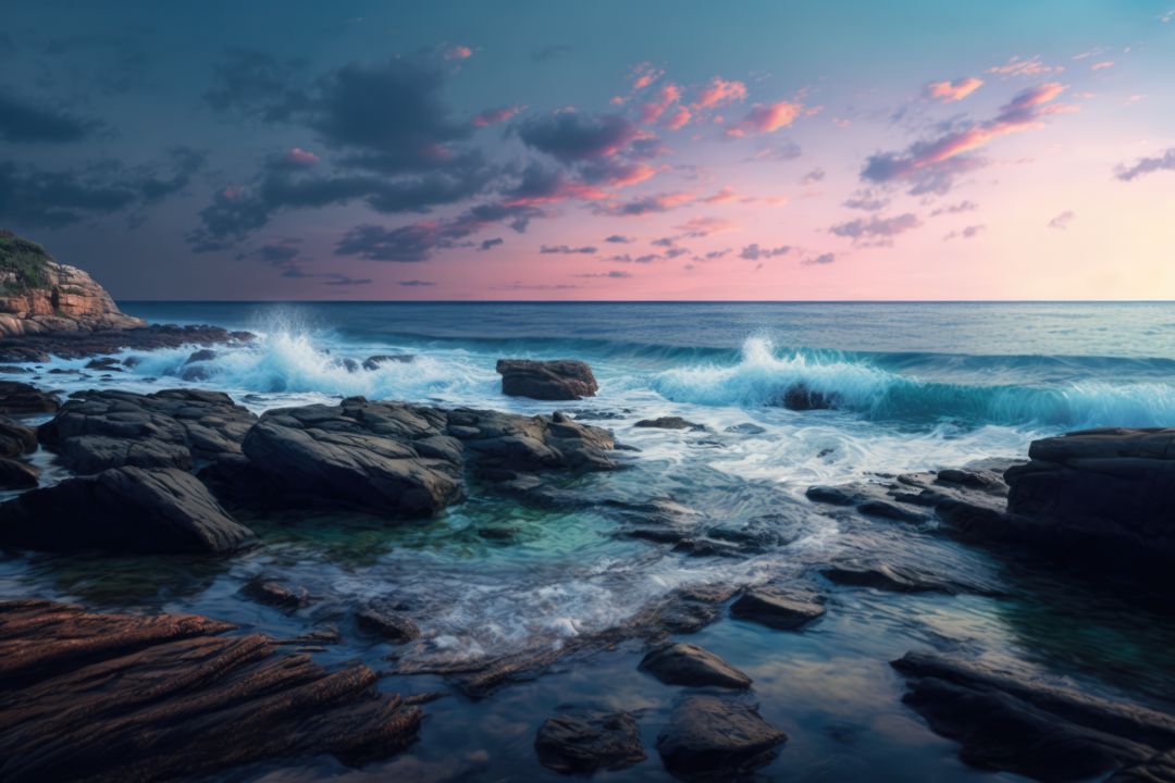 Sunset scenery with ocean, rock and sky with clouds created using generative ai technology - Free Images, Stock Photos and Pictures on Pikwizard.com