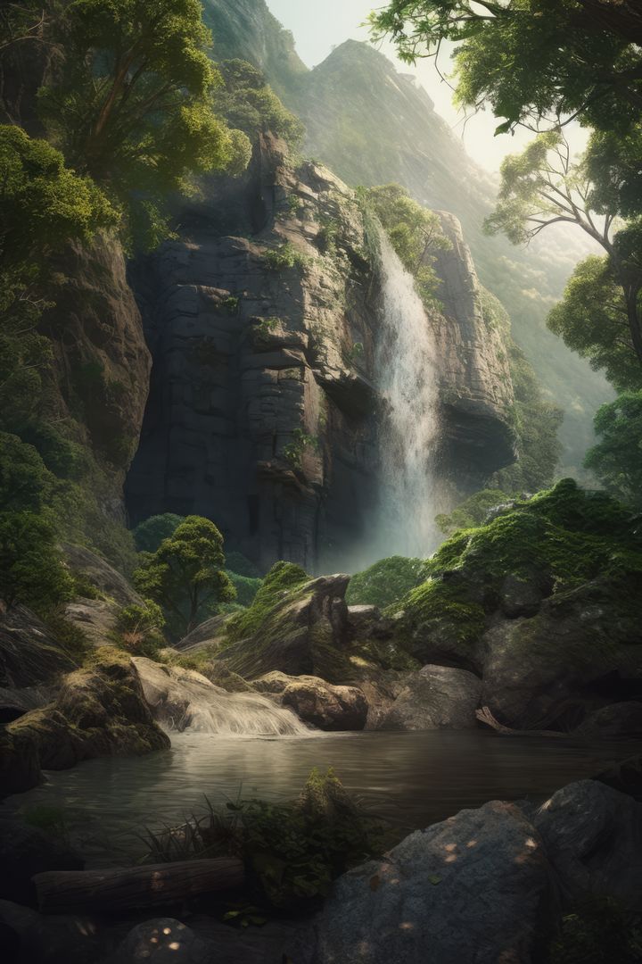 Fantasy landscape with waterfalls, forest and mountains created using generative ai technology - Free Images, Stock Photos and Pictures on Pikwizard.com