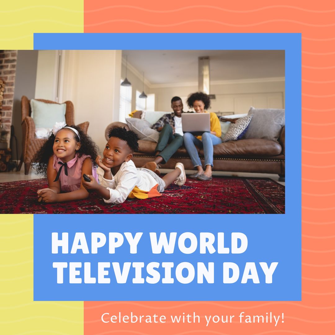 Composition of happy world television day text with african american family watching tv - Download Free Stock Templates Pikwizard.com