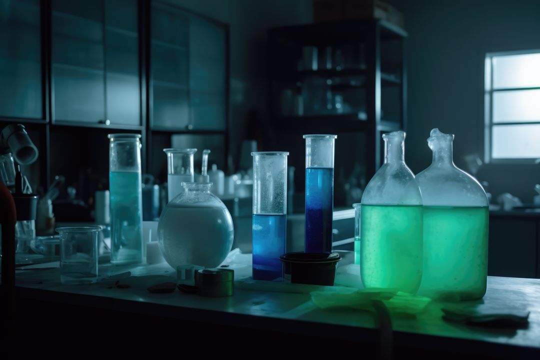 Dark laboratory room with beakers with colourful fluids, created using generative ai technology - Free Images, Stock Photos and Pictures on Pikwizard.com