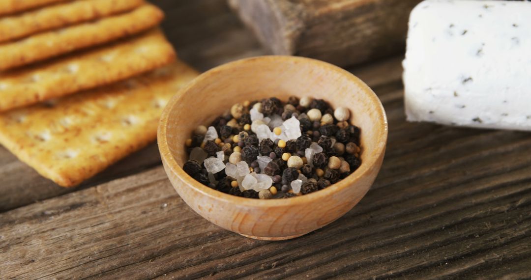 A rustic cheese tasting setup features peppercorns, salt, crackers