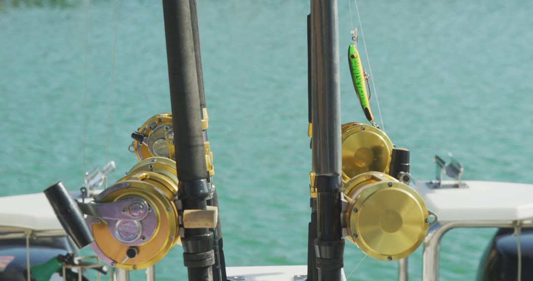Side view close up of fishing rods standing up on a boat from