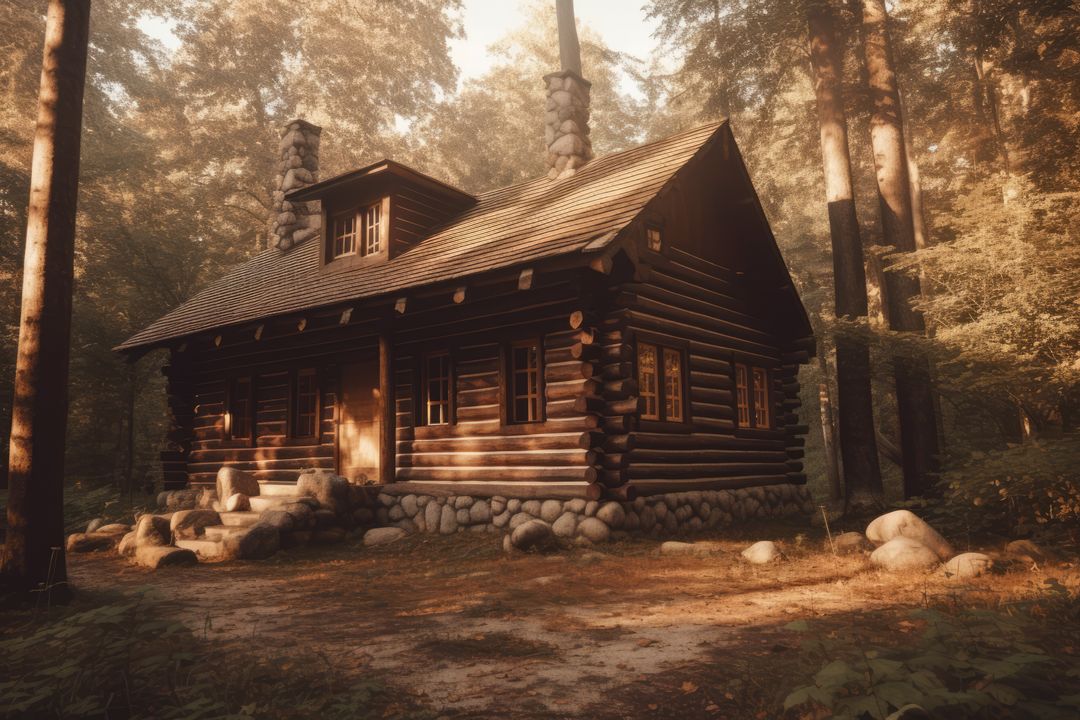 Wooden cabin in forest with sun rays, created using generative ai technology - Free Images, Stock Photos and Pictures on Pikwizard.com