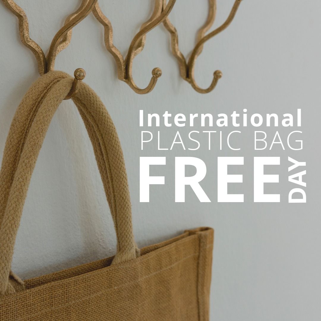 Digital composite image of jute bag with international plastic bag free day text - Download Free Stock Templates Pikwizard.com