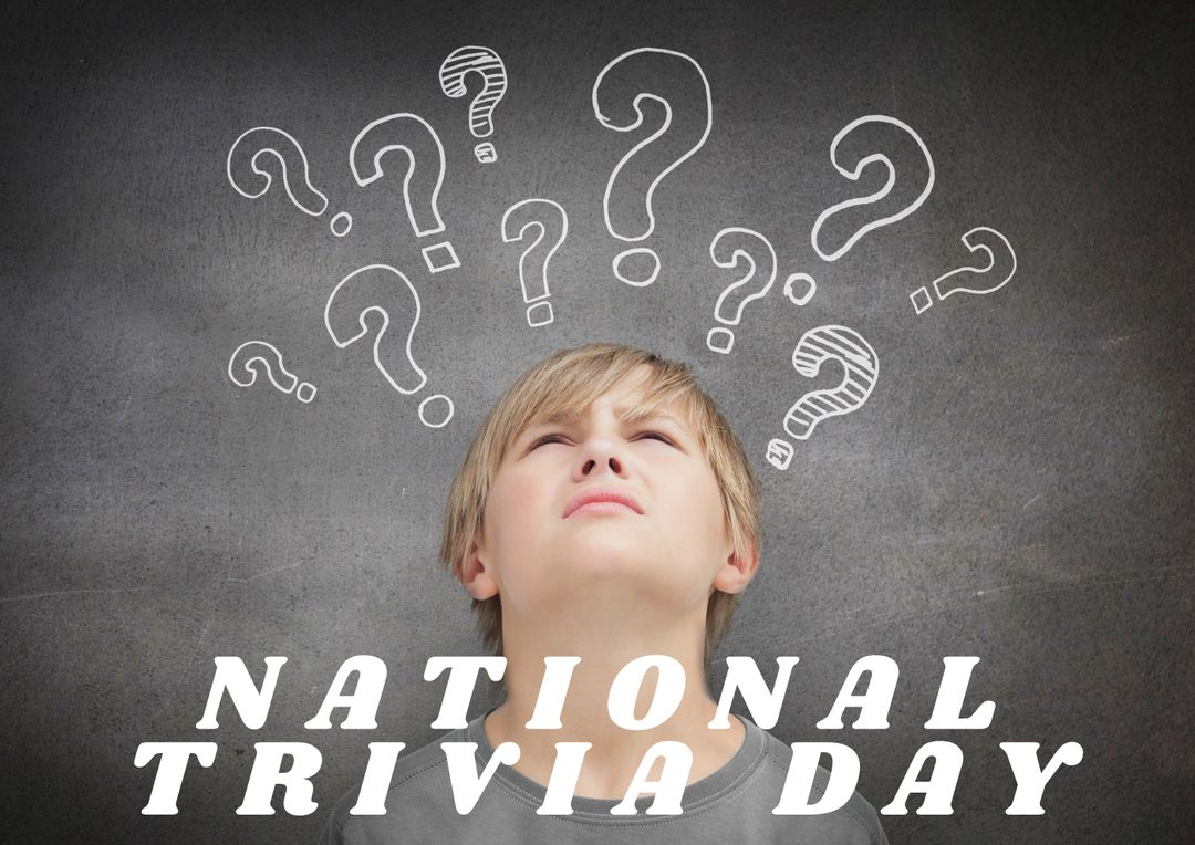 Digital composite image of national trivia day over confused boy looking at question marks - Free Images, Stock Photos and Pictures on Pikwizard.com