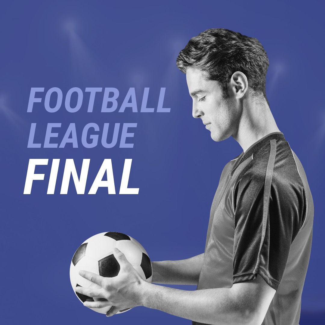 Football league final text and caucasian male football player with ball over blue background - Download Free Stock Templates Pikwizard.com