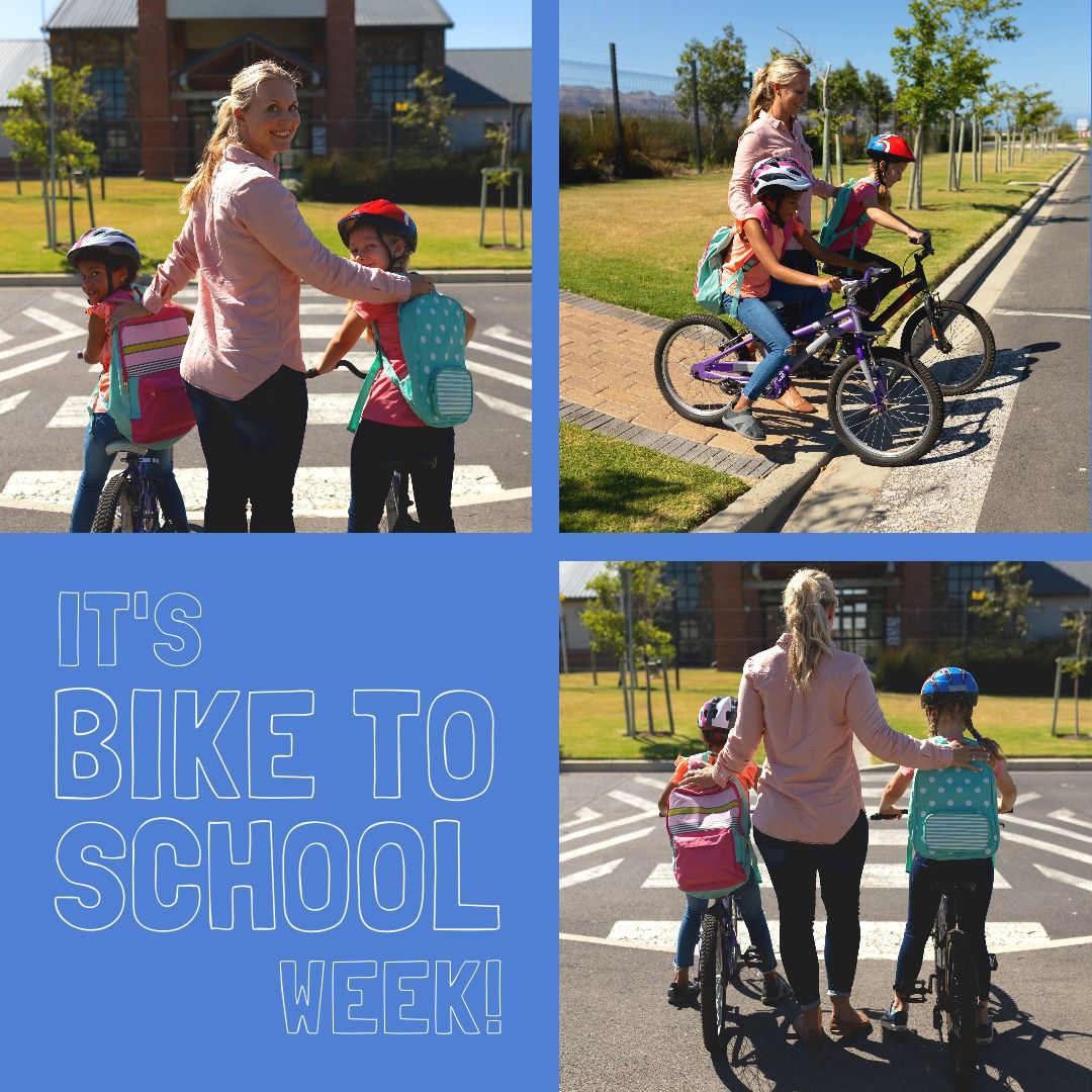 Bike to school week text over caucasian female teacher teaching school kids to ride bicycles - Download Free Stock Templates Pikwizard.com