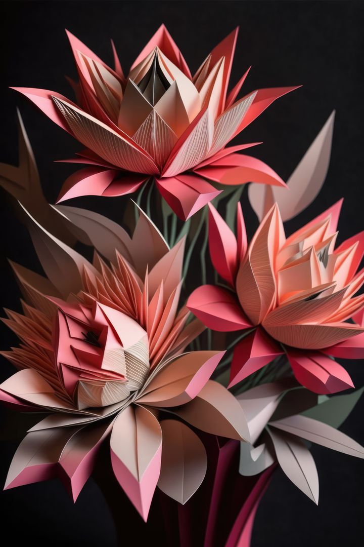 Image of pink origami paper flowers on black background, created using generative ai technology - Free Images, Stock Photos and Pictures on Pikwizard.com