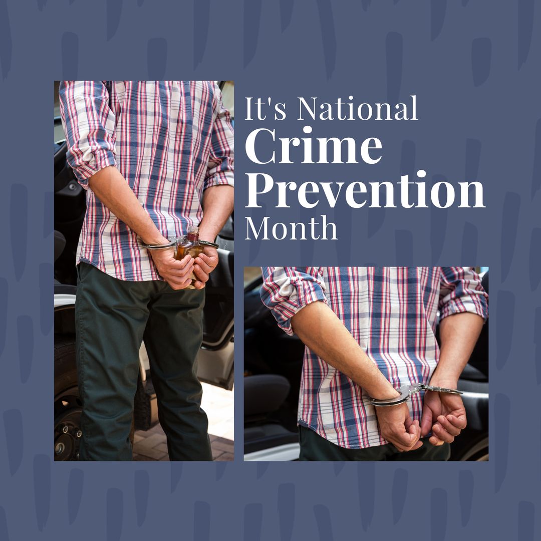 Collage of caucasian man in handcuffs and it's national crime prevention month text - Download Free Stock Templates Pikwizard.com