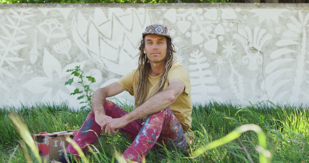 Image portrait of smiling caucasian man with dreadlocks sitting on grass by mural on wall - Free Images, Stock Photos and Pictures on Pikwizard.com