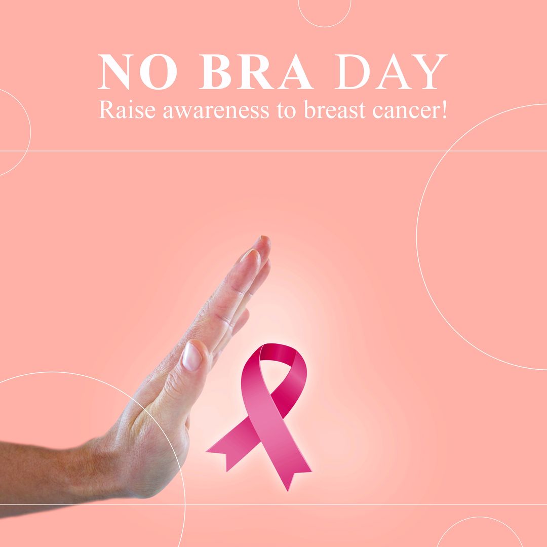 Image of no bra day on pink background and hands of caucasian