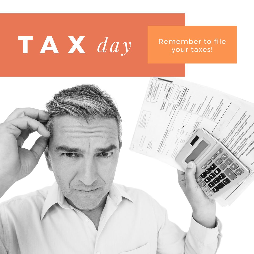 Composition of tax day text over caucasian man with calculator and documents - Download Free Stock Templates Pikwizard.com