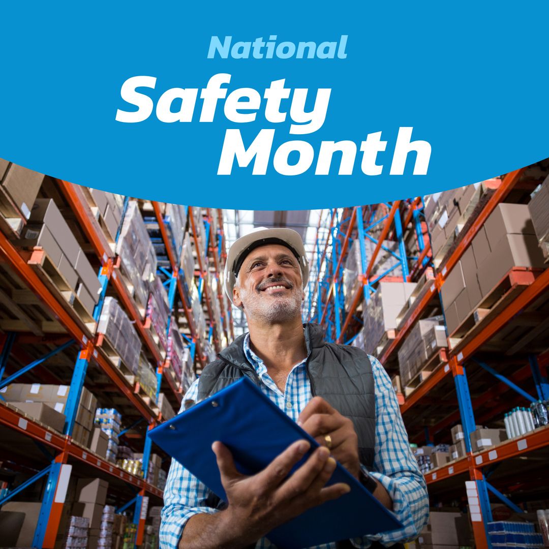 National safety month text in blue and white over smiling senior biracial man in hard hat at work - Download Free Stock Templates Pikwizard.com