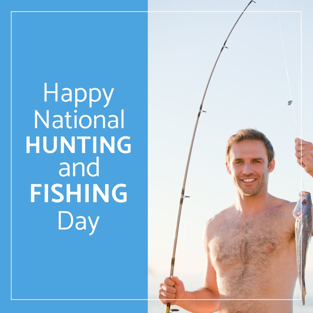 Composite of caucasian man with fishing rod and fish and happy