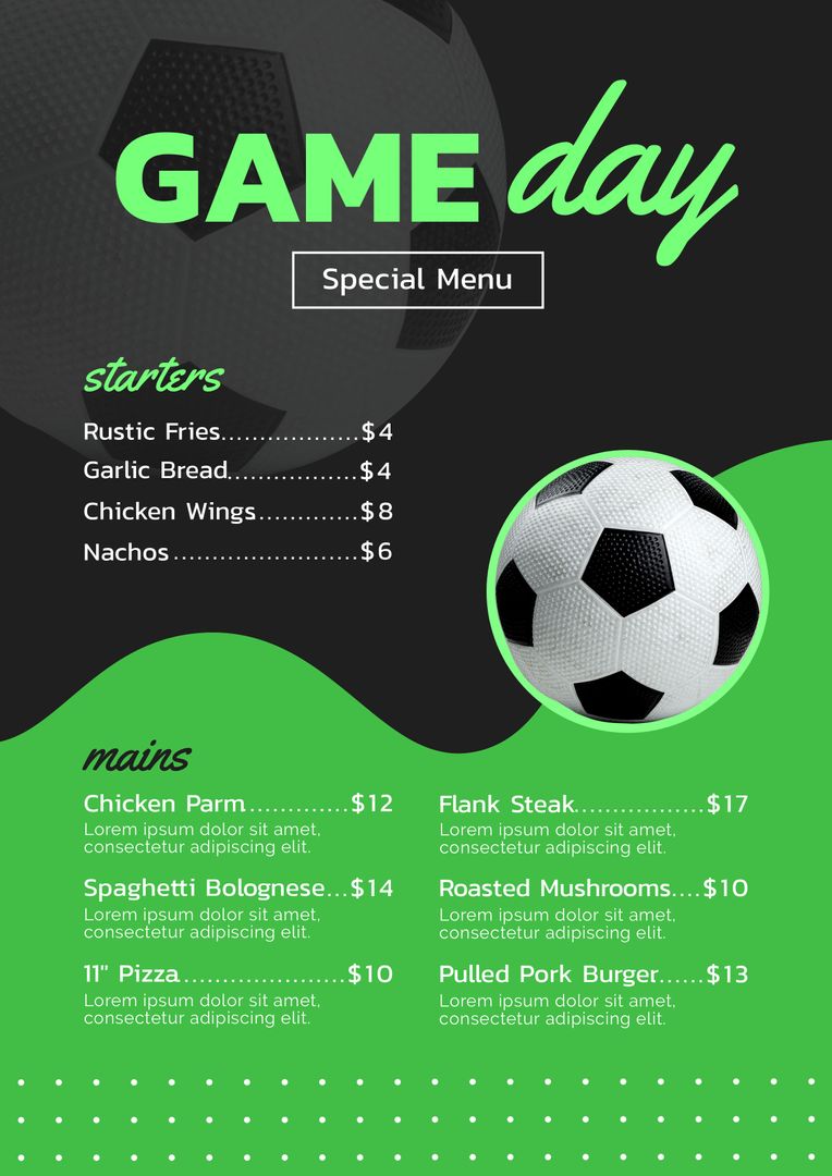 Composition of game day special menu text over menu options and football on black background - Download Free Stock Templates Pikwizard.com