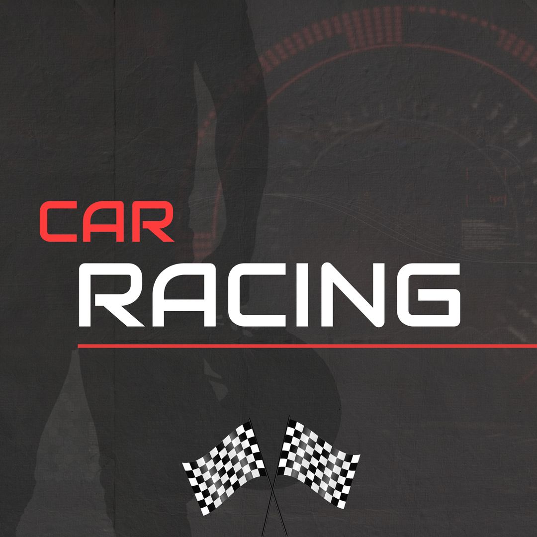 Car racing text in red and white with checkered flags over speedometer and racing driver silhouette - Download Free Stock Templates Pikwizard.com
