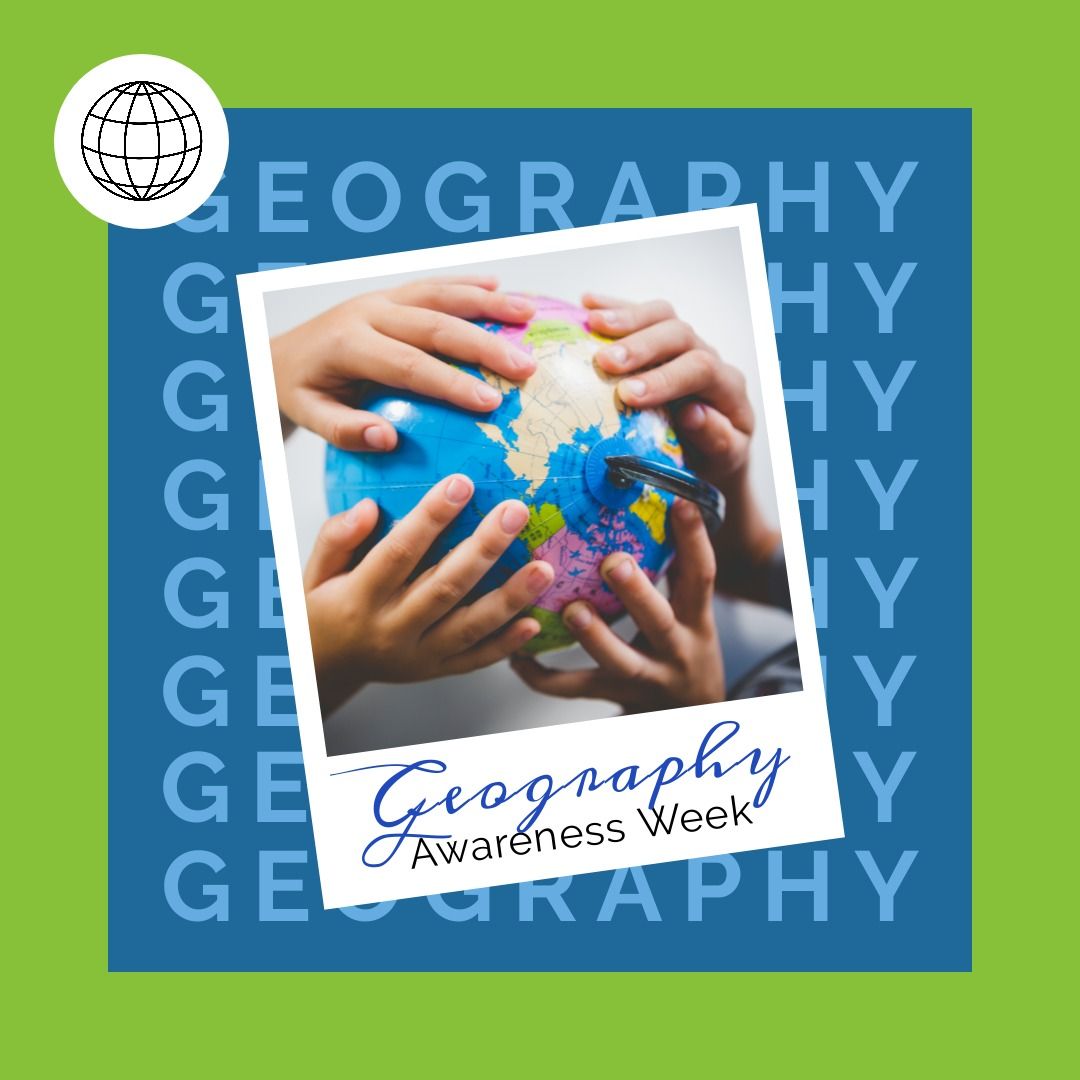 Square image of geography awareness week text with hands of two children holding globe, on green - Download Free Stock Templates Pikwizard.com