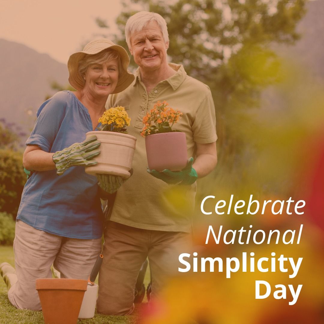 Portrait of happy senior caucasian couple gardening with celebrate national simplicity day text - Download Free Stock Templates Pikwizard.com