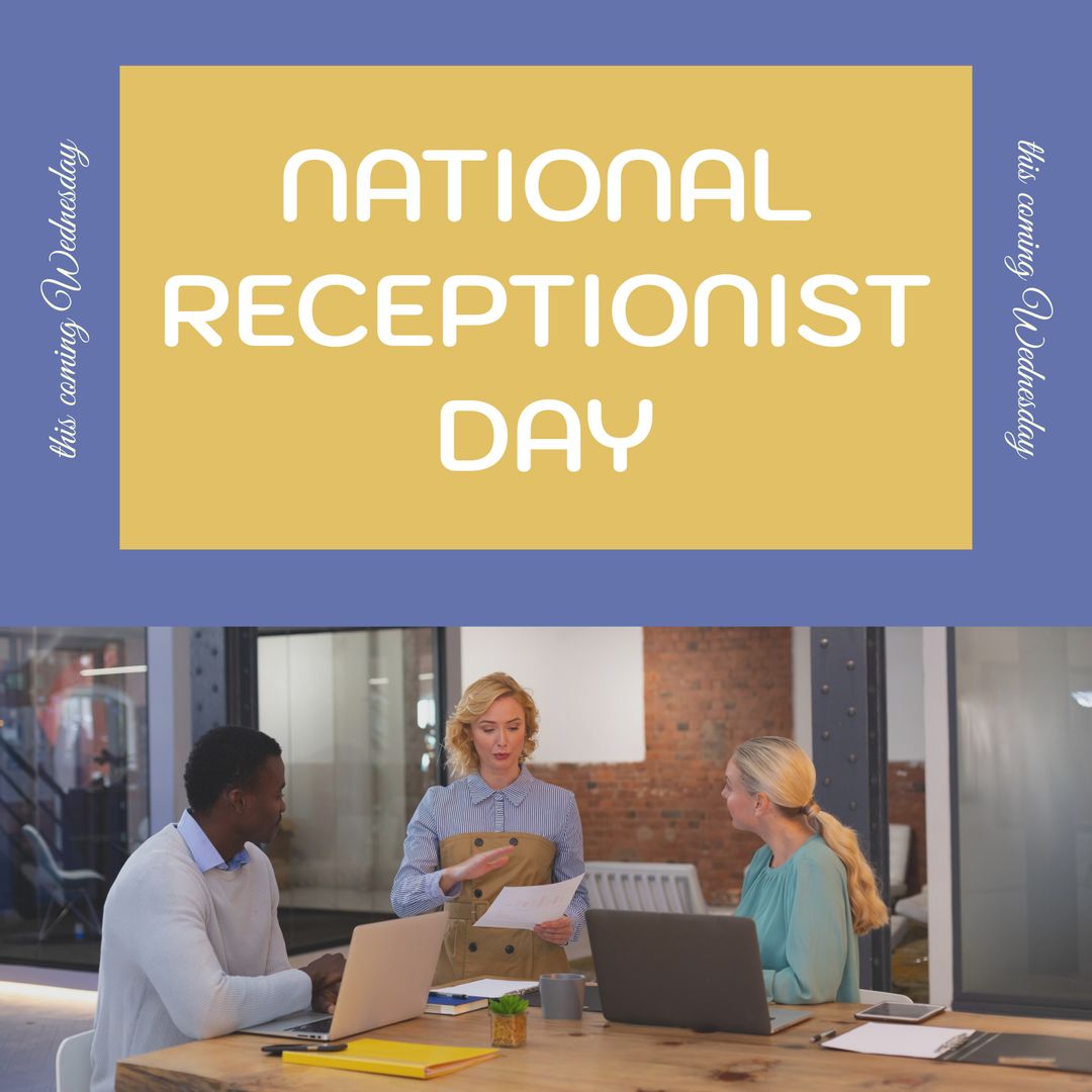 Composition of national receptionist day text over diverse business people in office - Download Free Stock Templates Pikwizard.com