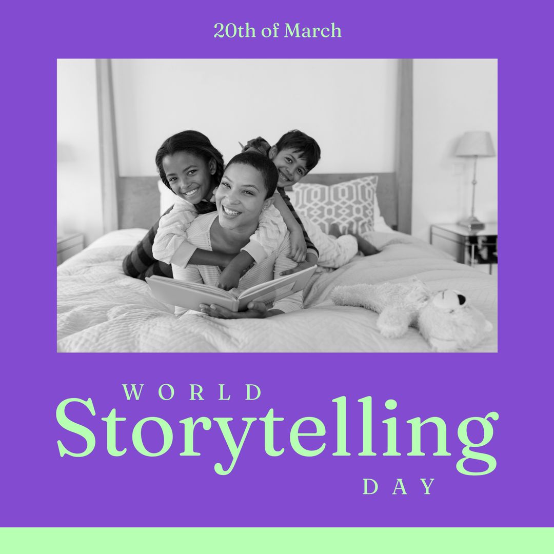 Image of world storytelling day text over happy diverse mother with children reading book - Download Free Stock Templates Pikwizard.com