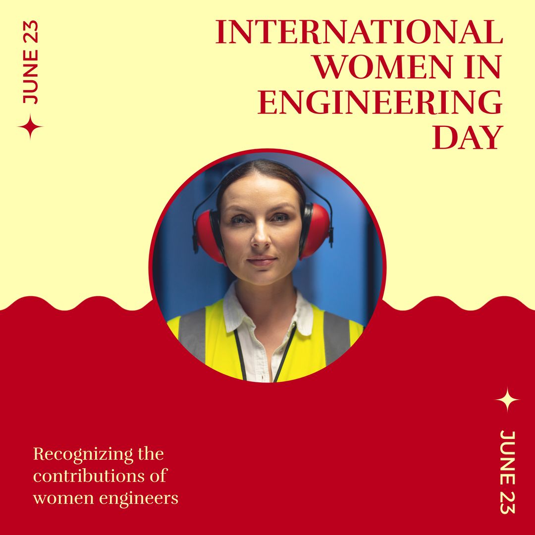 Caucasian woman wearing ear protectors and june 23, international women in engineering day text - Download Free Stock Templates Pikwizard.com