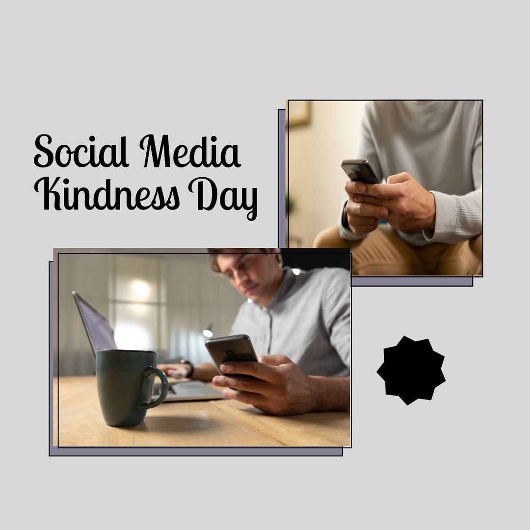 Caucasian men using smart phones with social media kindness day text in gray frame, copy space - Download Free Stock Templates Pikwizard.com