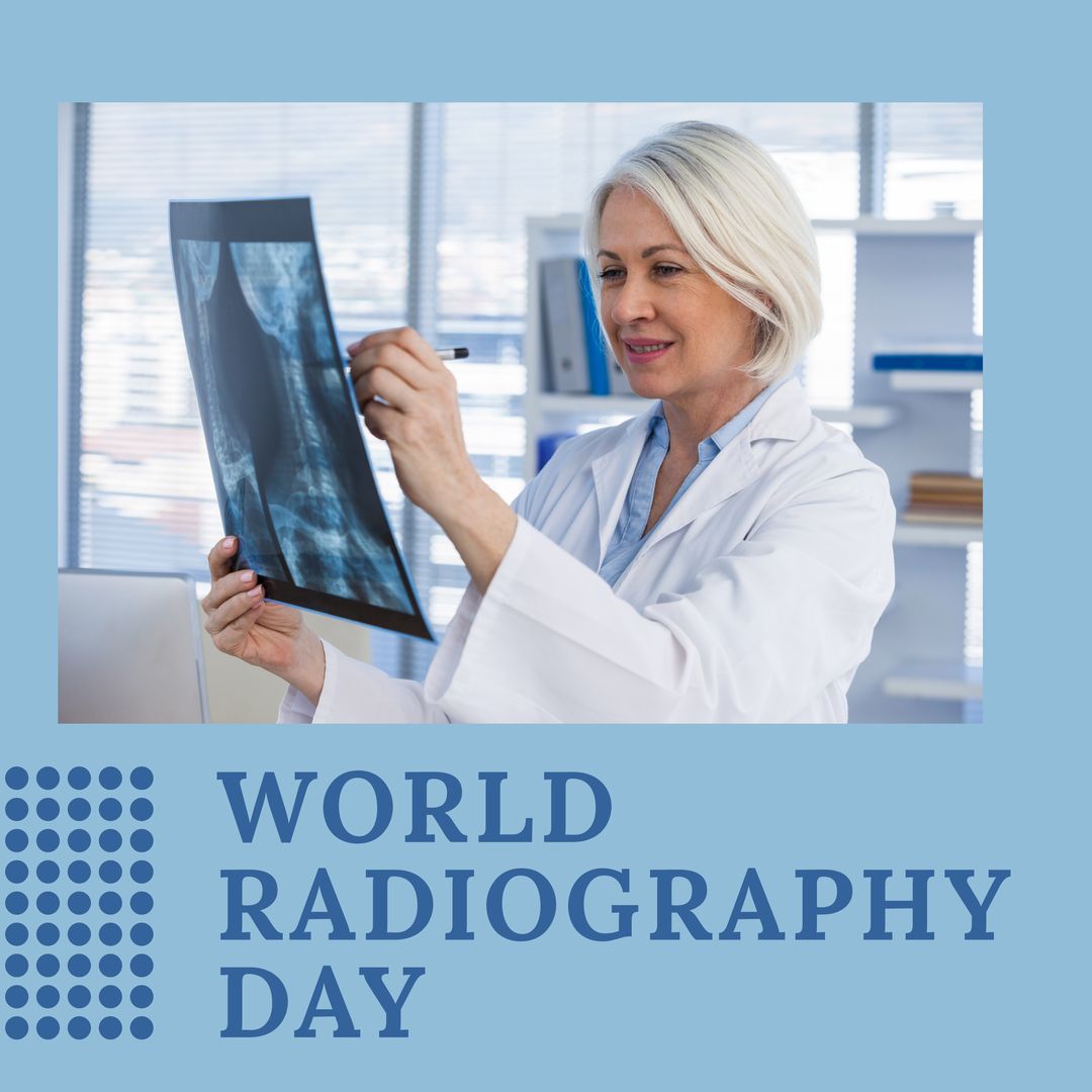 Composition of world radiography day text over caucasian female doctor with xray - Download Free Stock Templates Pikwizard.com