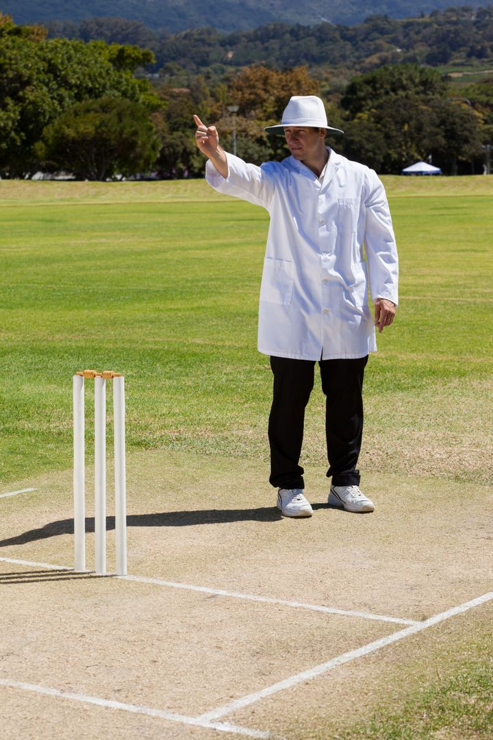 Full length of cricket umpire signalling out during match from Pikwizard